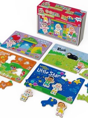 CoComelon Puzzles 4-Pack, Wooden Jigsaw Puzzles for Preschoolers